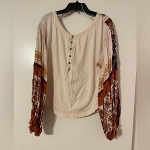 White with Patterned Sleeves Free People Long Sleeve Shirt, Size Small